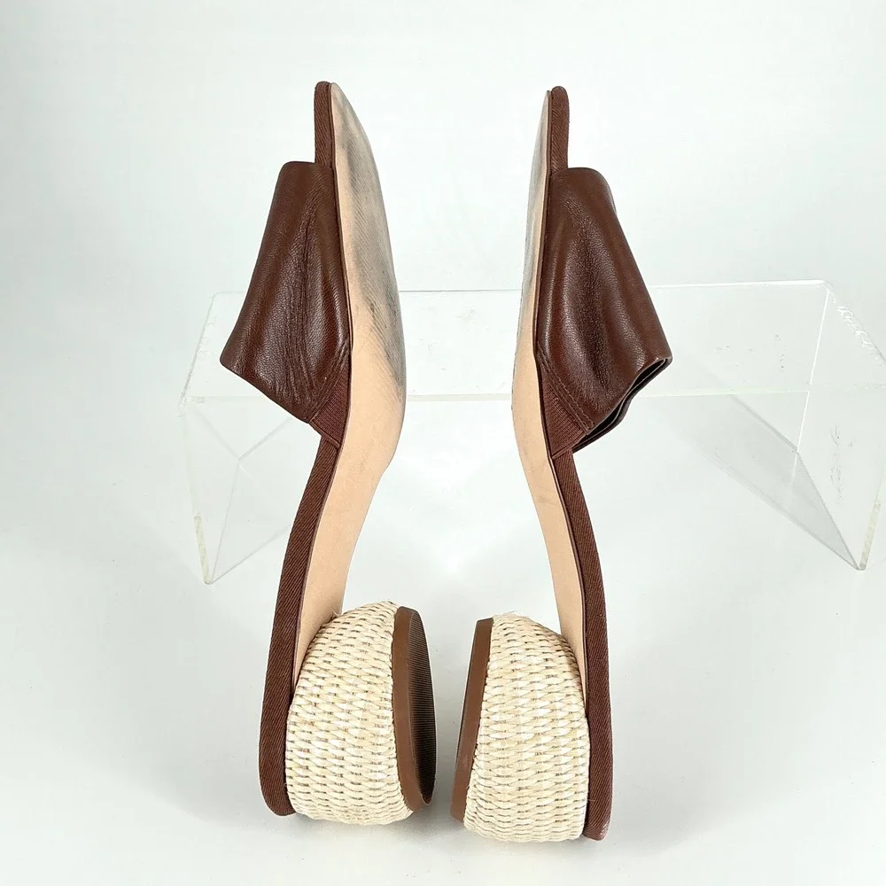 Nordstrom Size 9.5 Brown Leather Woven Raffia Block Heel Sandals Winona - Picture 7 of 12
